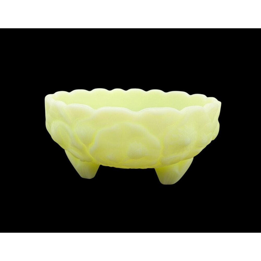 Vintage Fenton Custard Uranium Glass Footed Bowl Water Lilies Scalloped Satin